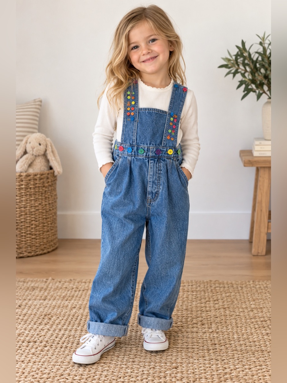 Vintage Blue Denim Kids Overalls with Colorful Button Details